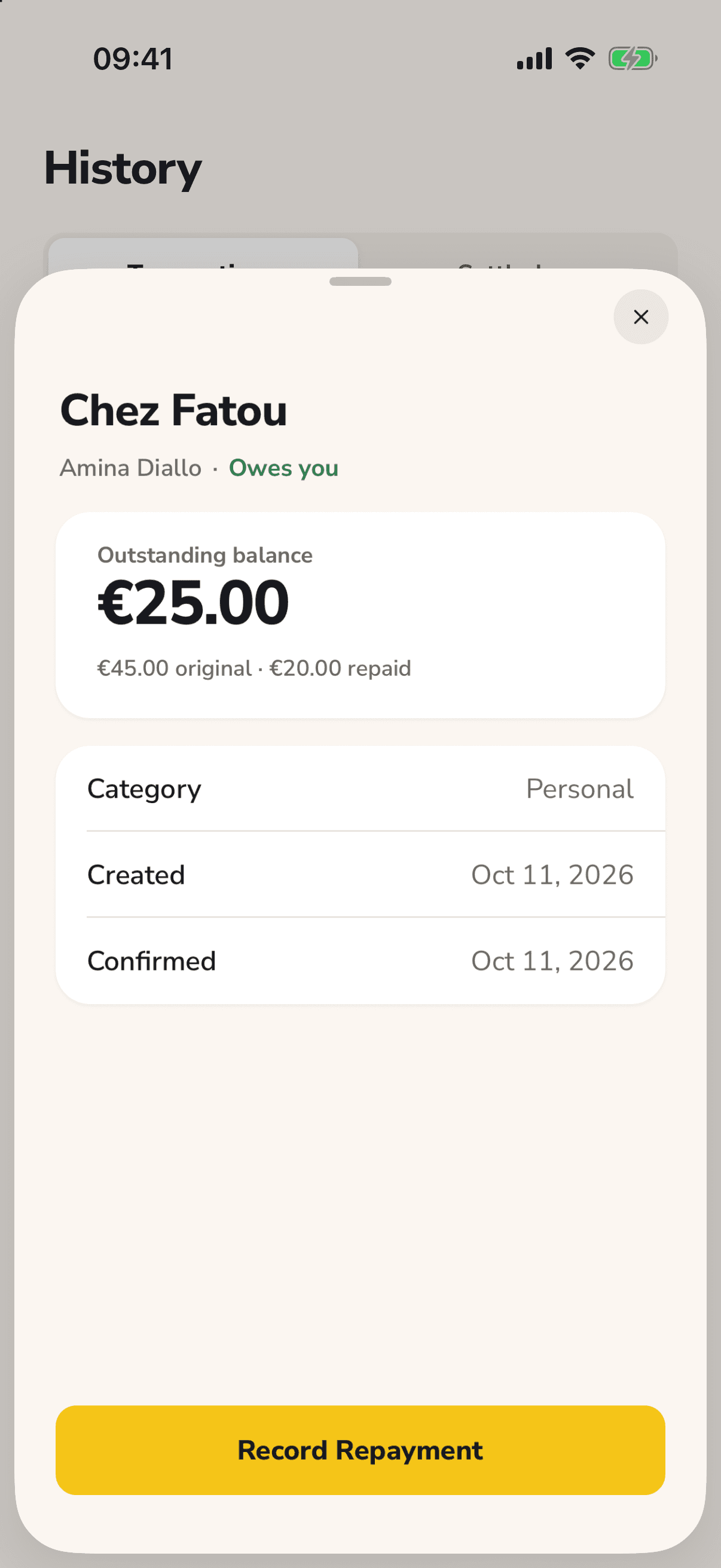 A debt in Tacktus with its repayments and remaining balance